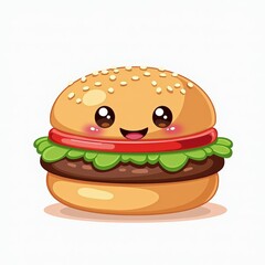 Cute Smiling Hamburger Illustration with Kawaii Style for Children's Books and Food-Themed Designs