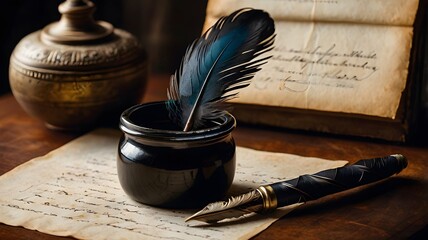 An elegant feather quill pen resting in a dark ink pot, with a handwritten letter partially visible on a parchment