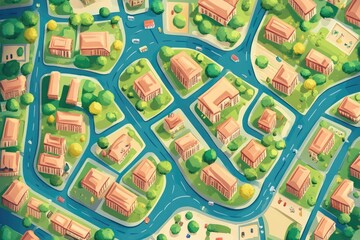 2D cartoon illustration of an urban city map