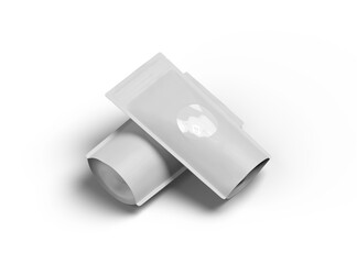 3D rendered image of  a glossy sealed stand-up pouch with a transparent window on a transparent background