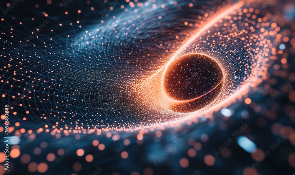 Poster Dynamic particle array swirling with interconnected dots Abstract illustration representing science and technology in 3D and 2D styles