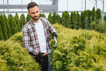 Garden worker trimming trees with scissors. garden shop