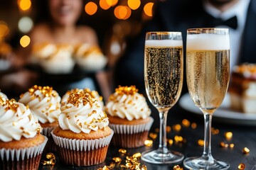 A lavish party scene featuring elegantly decorated cupcakes adorned with gold flakes and two champagne glasses, set against a backdrop of twinkling lights and a celebratory ambiance.