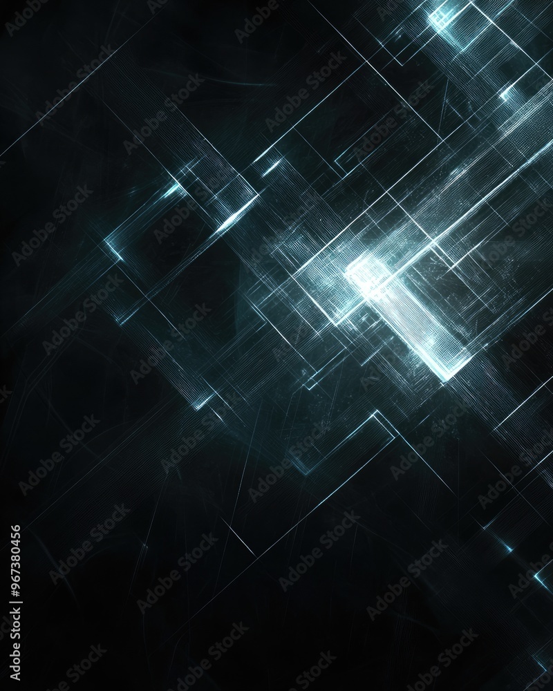 Poster dark background featuring luminous glowing effects intersecting lines and glass like squares