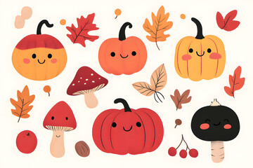 Hand drawn cozy cartoon autumnal collection of yellow plants,  pumpkins, isolated on white background