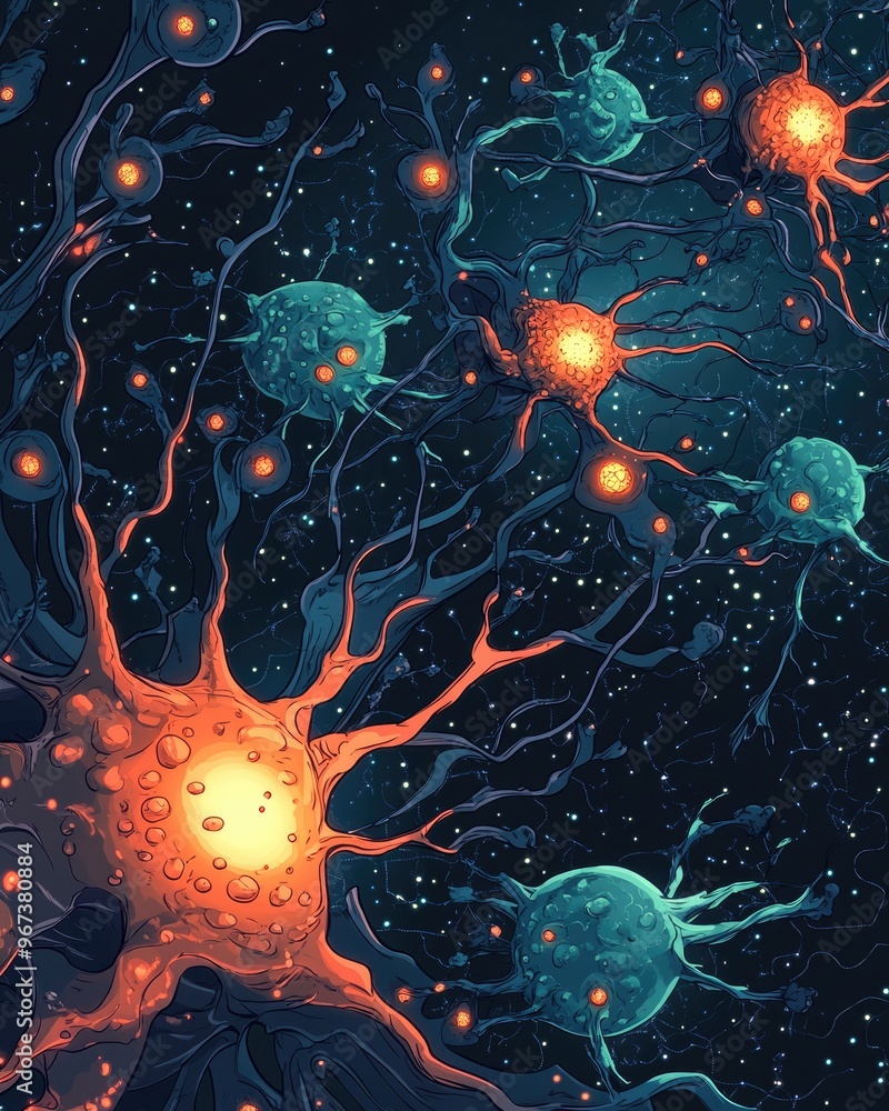 Poster 2d cartoon illustration of a neural network interconnected with stains and clots in a space setting