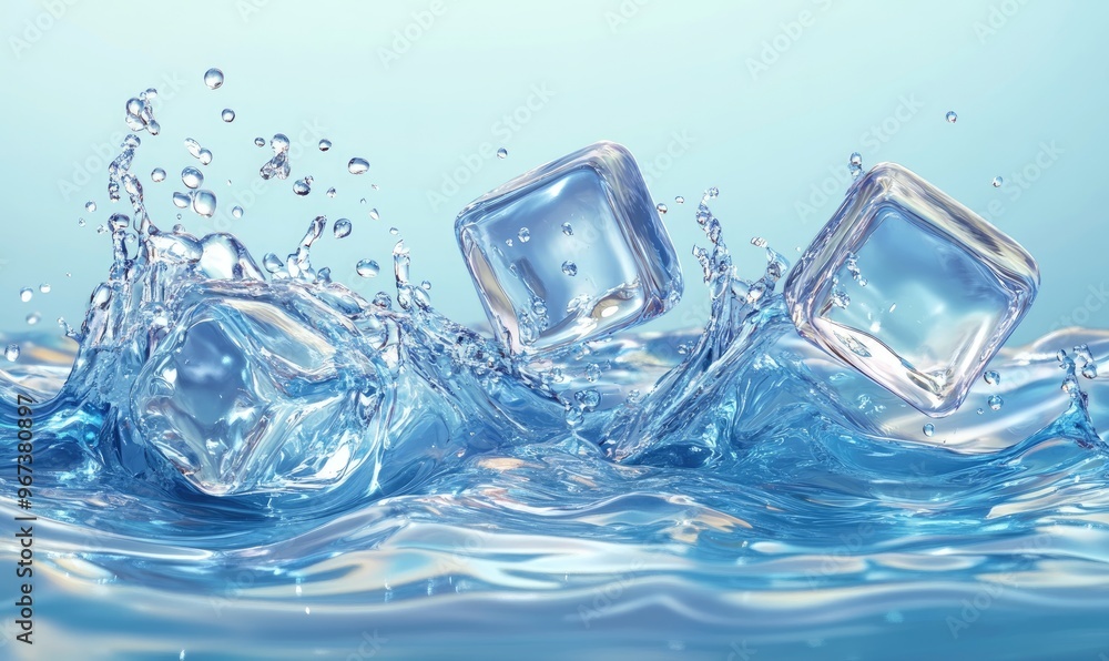 Poster ice cubes splashing into a clear blue wave with bubbles featuring a realistic water effect depicted 