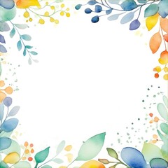 Vibrant Watercolor Floral Frame. Painted Botanical Border with Colorful Foliage Background with White Space for Text