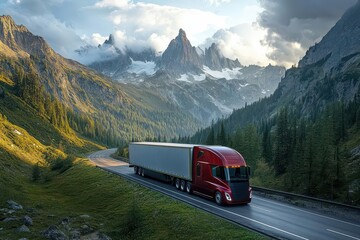 streamlined electric semitruck gliding along a winding mountain highway its aerodynamic white form contrasting against lush green forests and snowcapped peaks