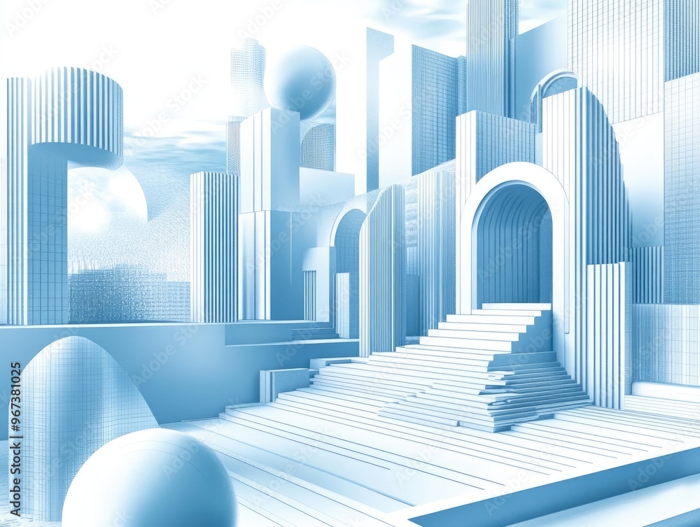 Poster 3d linear illustration depicting modern architectural designs and urban structures set against an ab