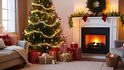 A beautifully decorated Christmas tree in a cozy living room, adorned with twinkling lights, ornaments, and presents wrapped in festive paper, surrounded by a warm fireplace glow.