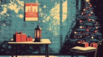 Decorative lantern with a Christmas tree and gift boxes on a table in a cozy room