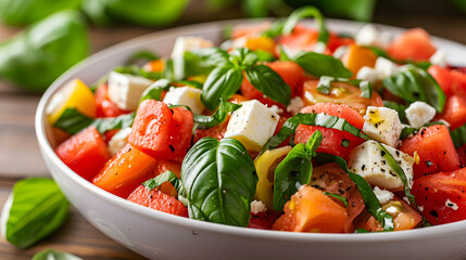 Salad With Watermelon And Feta Cheese.