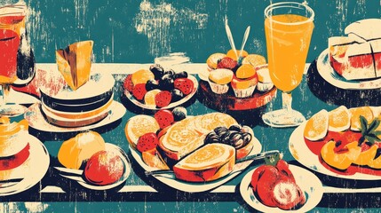 Retro illustration of a beautifully arranged breakfast spread for a festive celebration in a charming cafe