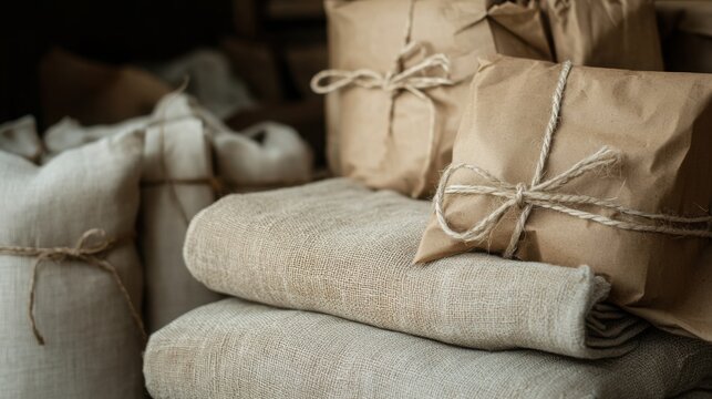 A high-quality image of linen products such as linen clothing, towels, or bedding, packaged in eco-friendly materials. 