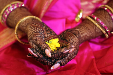 A beautiful bridal hand featuring intricate henna designs. The rich, dark henna contrasts elegantly against the bride's skin, symbolizing love, joy, and the auspiciousness of the wedding ceremony.