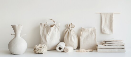 A minimalist photograph of eco-friendly linen products, such as reusable linen bags, napkins, and towels. 