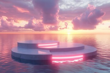 summer product display podium floating in surreal sunset sky pastel color palette dreamy atmosphere minimalist design
