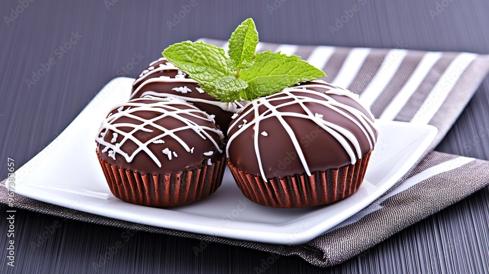 Wall mural Two delicious chocolate-covered coconut meringue cookies sit on a pristine white plate, garnished with a fresh mint leaf, against a dark gray backdrop