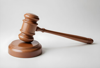 A wooden gavel rests on a sound block, set against a white background