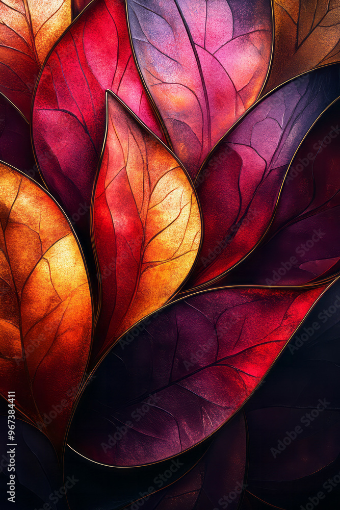 Poster an abstract design of overlapping burgundy and gold geometric shapes, creating a modern and artistic