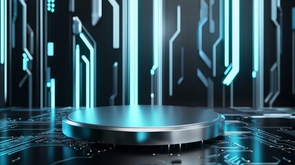 High-tech silver podium with circuit board pattern & holographic effects for electronic product presentation in advertising & sale promotion background.