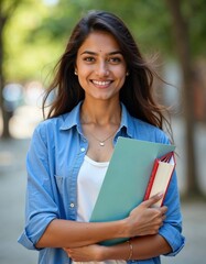 Fototapeta premium Indian college student with books in hands in the university building