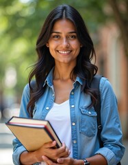 Fototapeta premium Indian college student with books in hands in the university building