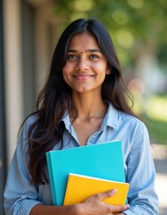 Fototapeta premium Indian college student with books in hands in the university building