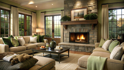 Cozy Living Room with Fireplace and Green Decor in Rustic Home Setting