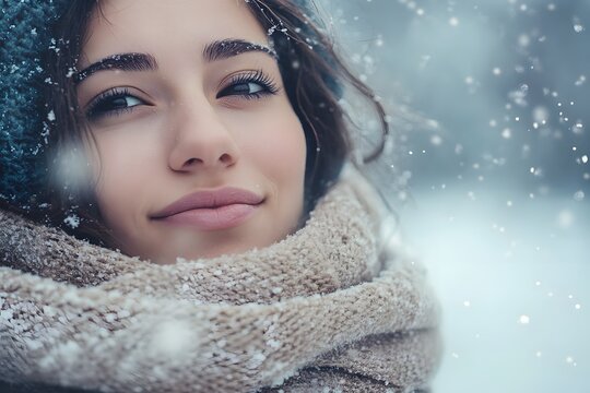 Winterliches Portr&auml;t einer Frau mit Schal im Schnee
