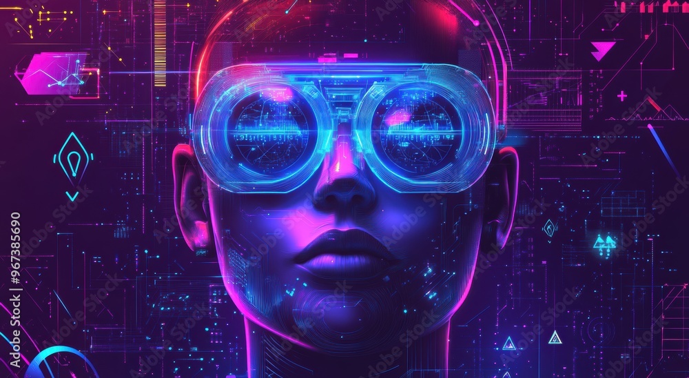 Poster futuristic ai robot head in neon lights showcasing advanced technology and artificial intelligence, 