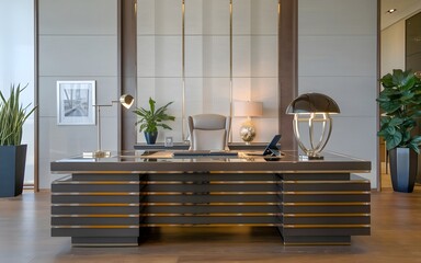 A photo of a luxurious modern executive office desk with a shiny finish.