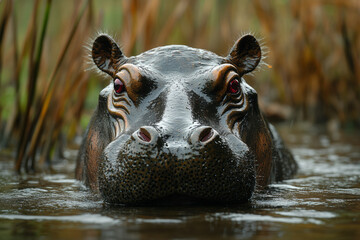 Fototapeta premium A bronze hippopotamus with ruby eyes submerged in a river,