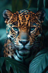 Obraz premium A platinum jaguar with emerald spots stalking through a lush jungle,