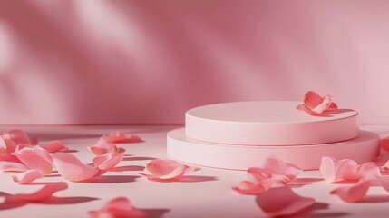 3D pale pink podium with rose petals, soft lighting. Pedestal stage for romantic product presentation, delicate scene for advertising, sale promotion background.