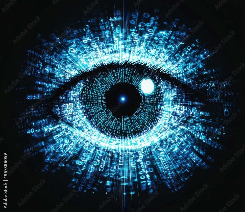 Poster digital eye illustration with blue binary code representing technology, surveillance, and data analy