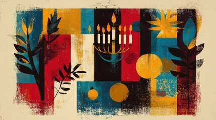 Retro illustration featuring a menorah and holiday symbols for a festive celebration