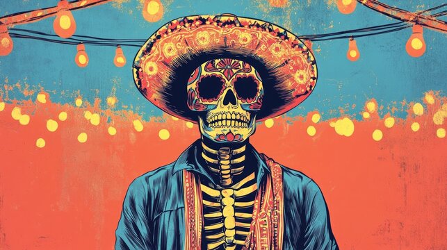 Handsome man wearing a sombrero and traditional costume with decorated skull face Festive atmosphere with vibrant lights and ample space for personalization