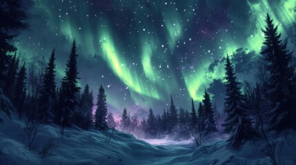 Naklejka premium The Northern Lights illuminating a snowy forest, with green and purple colors dancing across the night sky.