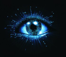 Futuristic digital eye concept with blue circuitry patterns and abstract technology theme in illustration design