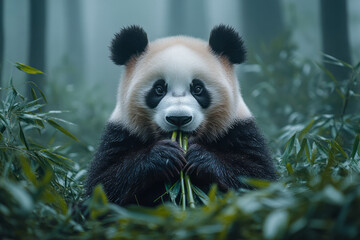 Obraz premium A platinum and emerald panda sitting and eating bamboo,