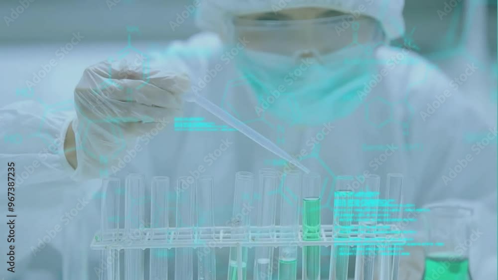 Poster animation of data processing and chemical formula over biracial female scientist working in lab