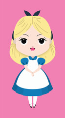 Cute little girl, Alice standing on pink background. Vector illustration.