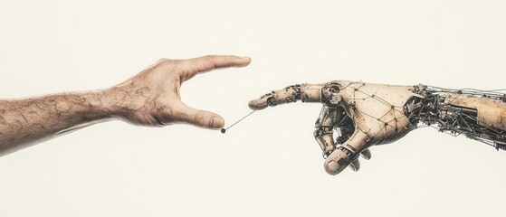 Obraz premium A human hand reaching toward a robotic hand, symbolizing the connection between technology and humanity.