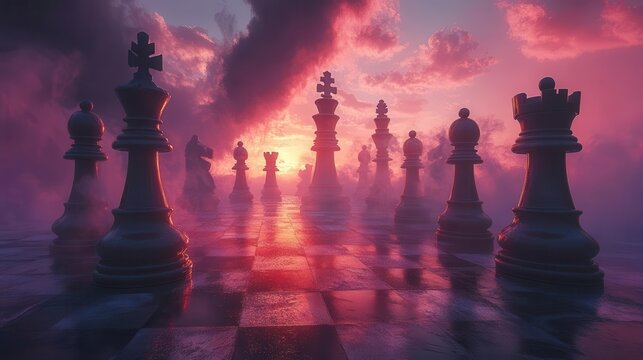 surreal chess landscape with oversized magenta pieces casting long shadows dreamlike atmosphere with swirling mist