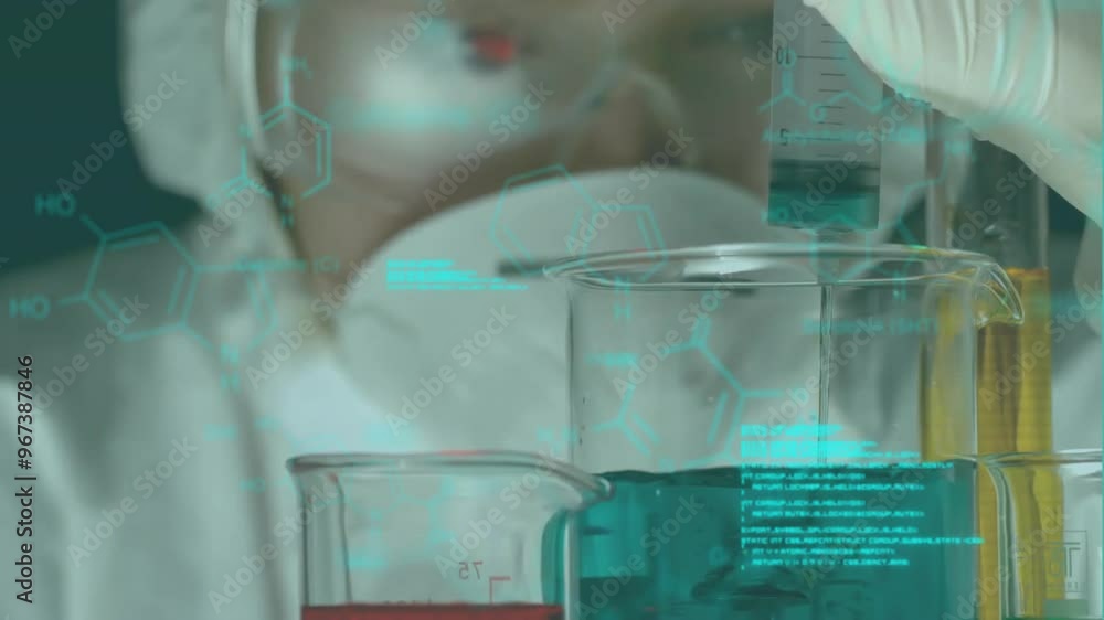Poster animation of data processing and chemical formula over biracial female scientist working in lab