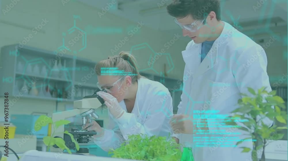 Poster animation of data processing and chemical formula over diverse scientists working in lab