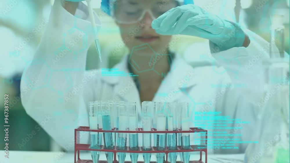 Poster animation of data processing and chemical formula over biracial female scientist working in lab