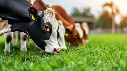Cows grazing on lush green grass in a tranquil setting.